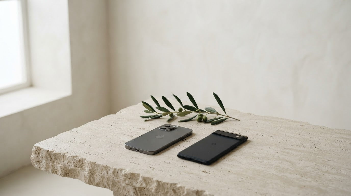 Composição minimalista com iPhones e ramo de oliveira